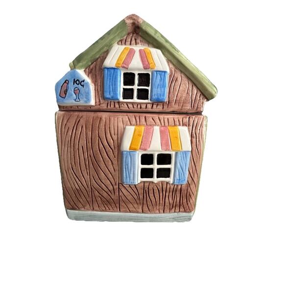 Vintage General Store Cookie Jar By GKAO Ceramic Brown House Welcome Apples Eggs - Picture 3 of 16